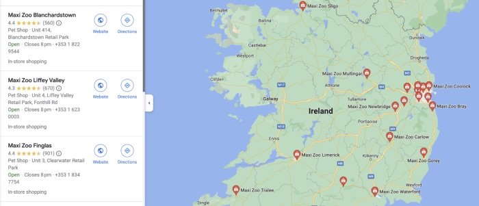 Searching for Maxi Zoo stores in the UK