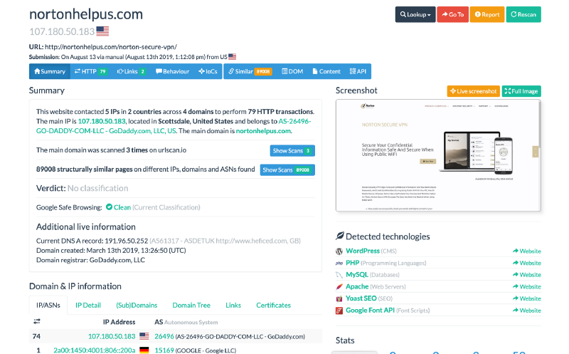 Screenshot and detailed information on a scanned web site