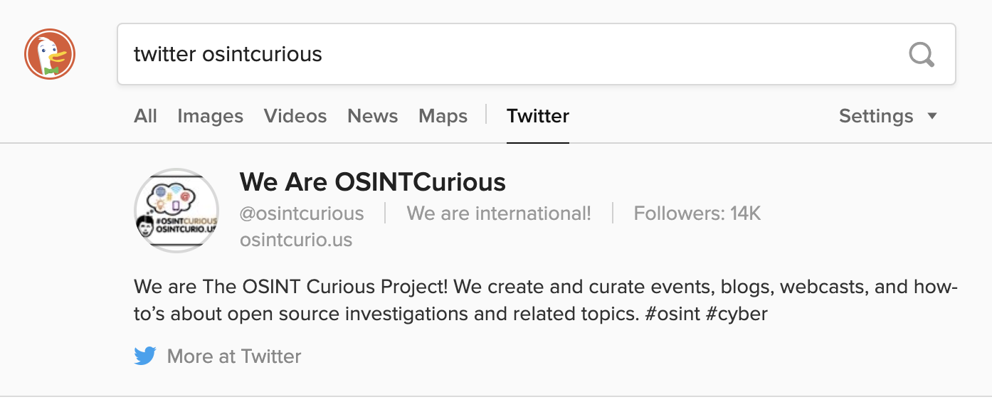 Another nifty DDG feature: Displaying a Twitter profile
