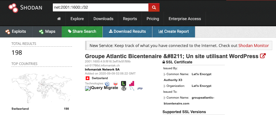Searching for IPv6 netblocks in Shodan