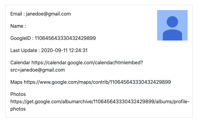 Google account info in Epieos' tool
