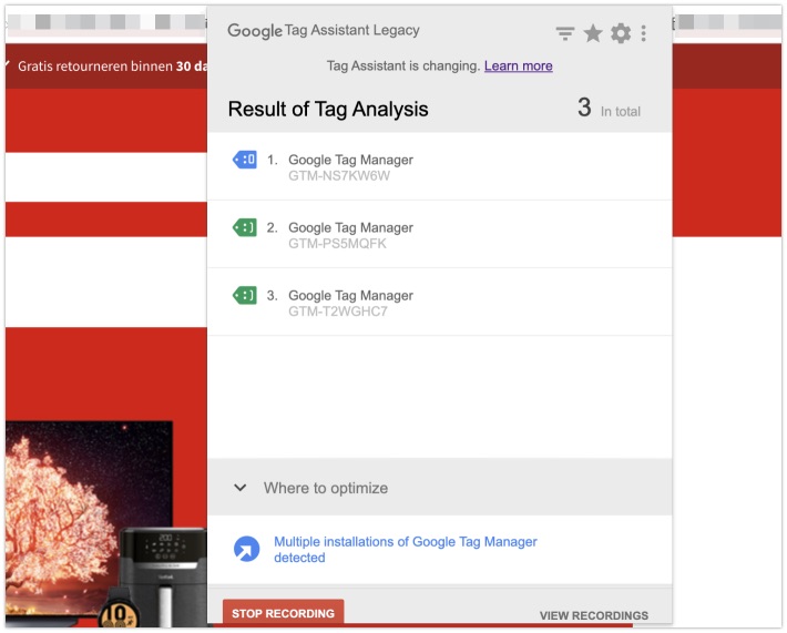 Easy overview of analytics codes