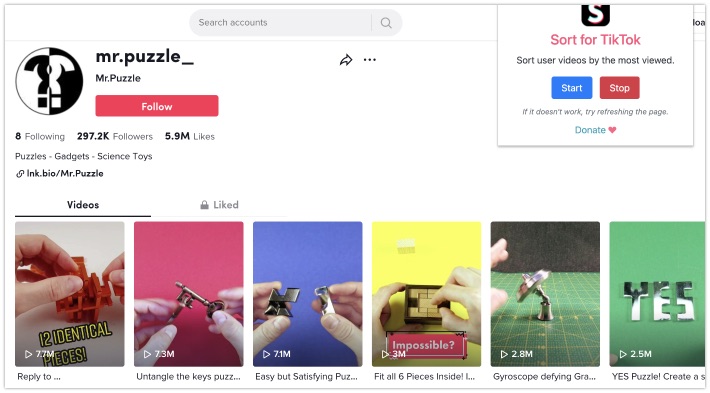 Sorting TikTok videos by popularity