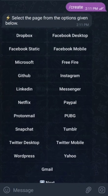 Telegram bots offering phishing kits
