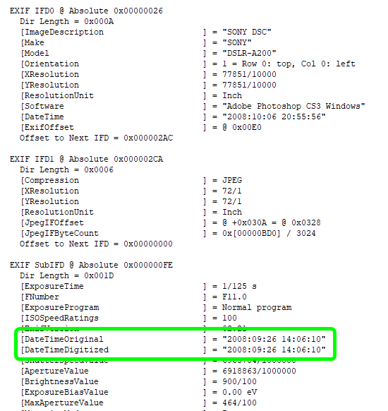 Example of Exif information inside a JPG file, opened in JPEGsnoop